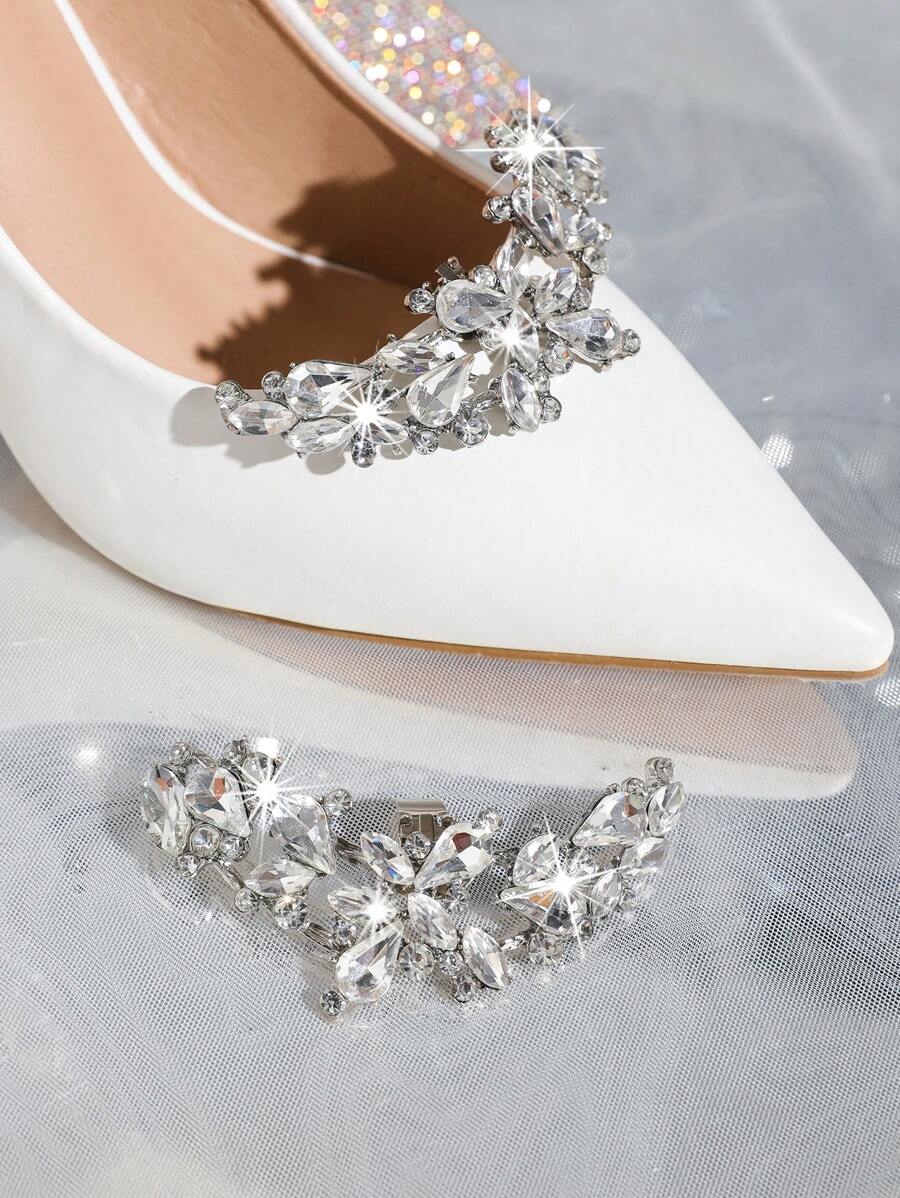 1 Pair (2pcs) Detachable DIY Shoe Decorations, Elegant Rhinestone Metal Silver Floral Accent For Fashion Heels, Black, White, Orange, Red, Suitable For High Heels, Pumps, Office & Casual Wear - White - View 1