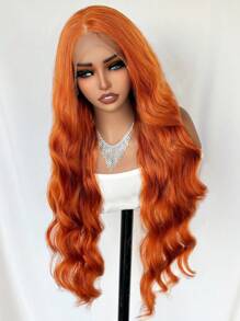 Peluca sintética de encaje frontal de 13x6 pulgadas con cabello de bebé, onda corporal de 30 pulgadas de largo, color naranja, para uso en el Día de Navidad