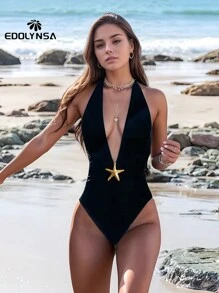 Swim Summer Beach 2 Packs Starfish One Piece Swimsuit & Bustle High Split Long Skirt 2 Pcs Set - màu đen - Xem 2