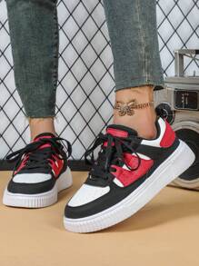 白黑红拼接时尚休闲平底运动鞋男女款，适合通勤、健身、旅行、圆头、低帮、拼色、多功能、节日礼物、女士运动鞋 - 彩色 - 查看 3