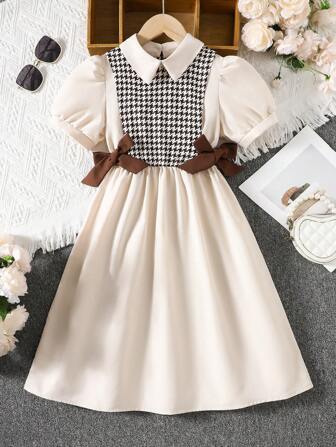 青少年女孩时尚休闲运动连衣裙，8-12 岁，格子拼布蝴蝶结装饰二合一连衣裙，优雅立领连衣裙