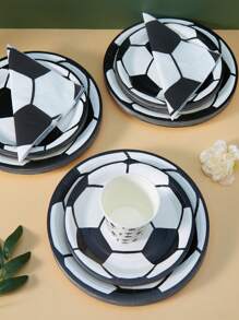 1 Set Of 25 White Football Design Disposable Plates, Napkins And Cups, Ideal For Birthday Parties, Family Picnics And Other Occasions