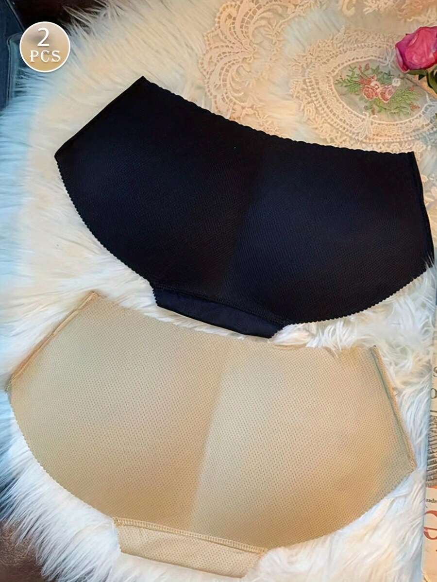 2-Piece Women's Sculpting Fake Butt Briefs Invisible Invisible Butt Peach Butt Briefs Women's Soft And Comfortable Body Briefs With Air Holes - 黑+杏 - 查看 1