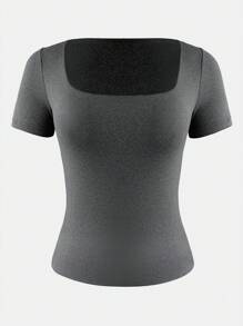 XLLAIS Women's Basic Solid Color Square Neck Short Sleeve Fitted T-Shirt, Black Casual Summer - Heather Grey - View 5