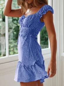 Women's Summer Ruffle Sleeve Sweetheart Neckline Printed Mini Dress - Blue - View 2