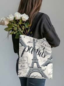 1 Stück Damen Schultertasche mit Paris Eiffel Turm Motiv, große Kapazität Polyester Shopper, lässige Umhängetasche für den täglichen Gebrauch, Supermarkt Einkaufen, tolles Geschenk, künstlerischer Stil Schultasche & Büchertasche für Frauen oder Studenten, perfekt für Bücher, Einkaufen, Rückkehr zur Schule und mehr