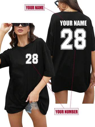 Customized Oversized Women T-Shirt, Personalize With Your Digit Logo, Name/Text/Lucky Number, Black Shirt, Women Loose Short Sleeve Tee, Holiday Gift, Autumn, Winter, Ladies Top, Best Friend Gift, Anniversary Present, Party Wear, Basketball Jersey Ornamental, Stylish,Fashion,Customized Women Tops,Look Glamour