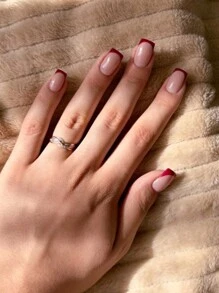 Instantly Upgrade Your Look With 24pcs Medium Square Press On Nails Classic Vintage Burgundy French Fake Nails Fashion Daily Bordeaux Red Narrow Edge French Wear Nail Set Full Cover Fake Nails For Women And Girls Includes 1 Sheet Adhesive Tabs & 1 Pc Mini File Strip Jelly Gel Random Shipment
