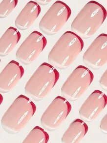 Instantly Upgrade Your Look With 24pcs Medium Square Press On Nails Classic Vintage Burgundy French Fake Nails Fashion Daily Bordeaux Red Narrow Edge French Wear Nail Set Full Cover Fake Nails For Women And Girls Includes 1 Sheet Adhesive Tabs & 1 Pc Mini File Strip Jelly Gel Random Shipment