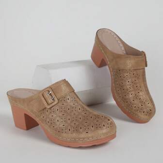 Women's High-Heeled Comfortable Mules,Perforated Closed Toe Slip Buckle Strap Decor On Sandals, All-Match Going Out Sandals