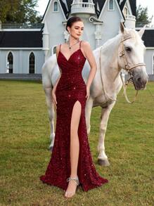 ADYCE 闪亮吊带褶皱腰线高开衩舞会礼服，优雅亮片正式礼服，晚宴、婚礼宾客、新年礼服