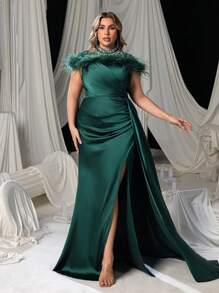 Faeriesty Plus Pearl Embellished Mock Neck Cap Sleeves Draped Formal Party Dress, Wedding Guest Dress, Evening Dress - Dark Green - View 2