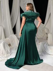 Faeriesty Plus Pearl Embellished Mock Neck Cap Sleeves Draped Formal Party Dress, Wedding Guest Dress, Evening Dress - Dark Green - View 3