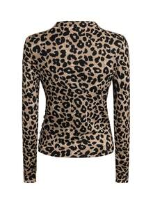 Leopard Print Stand Collar Long Sleeve Fitted T-Shirt And Solid Color Skirt Set - Black - View 4