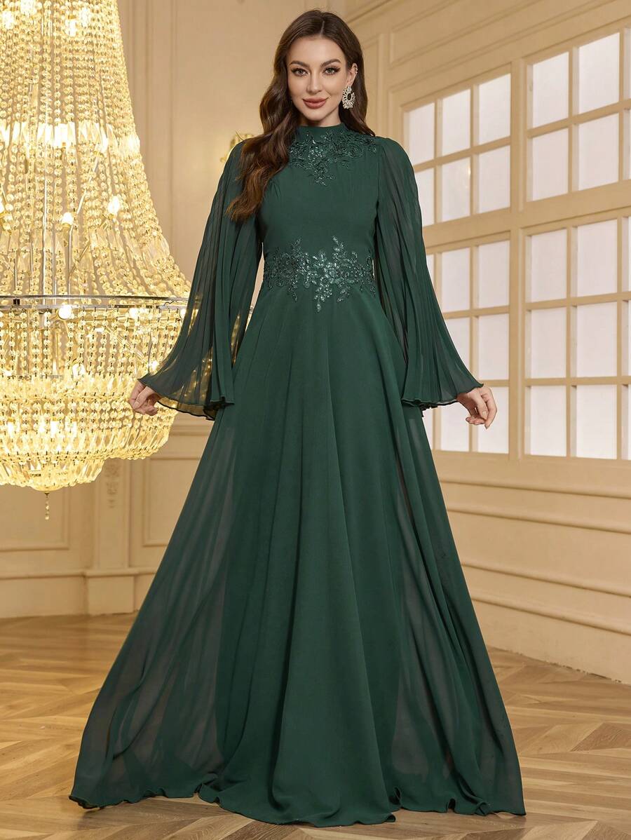SUPGIR Váy dự tiệc buổi tối thanh lịch cho nữ cổ dài tay nhún eo sang trọng thêu kim sa vá, váy dự tiệc, váy dự tiệc cưới, váy trang trọng, váy dạ hội - Màu xanh lá cây đậm - Xem 1