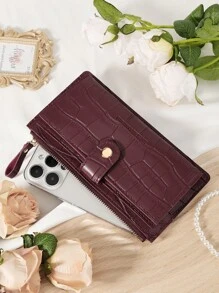 勃艮第包 Charry 红色包酒红色包，鳄鱼压纹折叠长钱包女士时尚现代商务超薄便携多功能大容量信用卡拉链身份证钱现金存储 - 酒紅色 - 查看 5