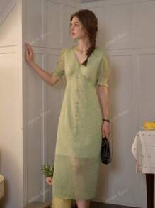 Simple Retro Dames lente en zomer resort stijl V-hals pofmouwen bloemen elegante retro elegante slanke maxi-jurk