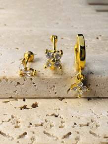 3件套复古金色锆石花朵吊坠耳环套装，不锈钢时尚耳环，适合女性佩戴，适合耳洞佩戴 - Gold-1# - 查看 3