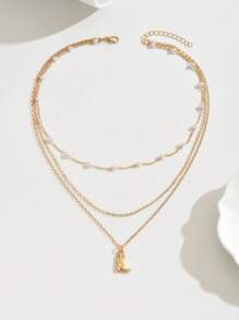 精致女士多层吊坠项链，西式靴子吊坠女士珠宝，饰有人造珍珠，适合女性日常佩戴（手工链条按尺寸切割，珍珠数量可变，水钻尺寸可变） - 金色 - 查看 3