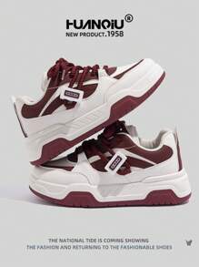 HUANQIU New Fashionable Thick Sole Color Block White Shoes Women's Skate Shoes Women Sport Casual Sneakers, Autumn 2024, Low-Top, Lace-Up, Comfortable Soft Bottom Rice Wine Red All Season Shoes