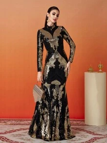 Missord Mock Neck Sequin Formal Gown Elegant Long Sleeve Prom Evening Wedding Guest Dress, For Graduation, Dinner - Multicolor - View 1