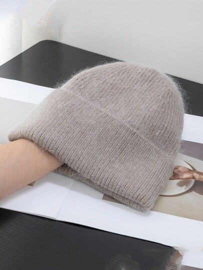 1 Pc Women's Solid Color Knitted Hat Fashionable Slouchy Beanie Hat Autumn And Winter Soft Warm Rabbit Hair Big Head Circumference Beanie For Outdoor Travel