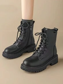 女士百搭靴子，英伦风 2024 新款秋冬拉链厚底系带踝靴