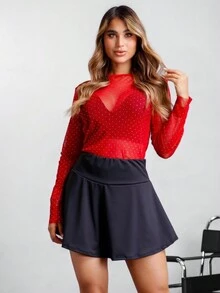 Blusa transparente con brillos de manga larga - Rojo - Ver 2