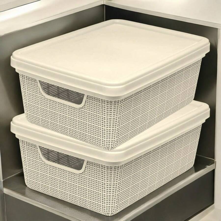 Kit Of 2 Organizer Boxes With Lid 5 Liters Utilities Durable Plastic Stackable Exclusive Texture Multipurpose - Beis - Ver 1