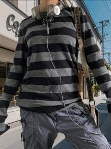 Women Y2k Striped Long Sleeve Shirts Tops Fairy Grunge Crewneck Loose Fit T Shirts E-Girl Goth Emo Punk Tees Tops Layering Shirts Vintage Aesthetic Clothes 90s Going Out Top Streetwear - 深灰色 - 查看 1