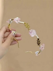 1 Stück Französisches Vintage-stirnband Mit Fortschrittlicher Beflockung, Rosenperlen Und Blattgold, Luxuriöse Verfeinerung, Allseitig Abgestimmtes Feen-haar-zubehör Für Den Außenbereich - 1 Packung - Übersicht 14