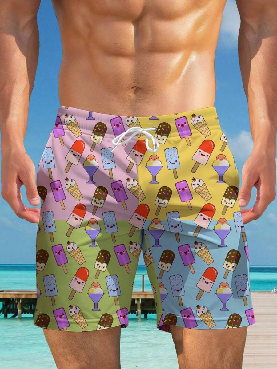 Men's Beach Shorts - 3D Digital Print, Casual Drawstring Shorts