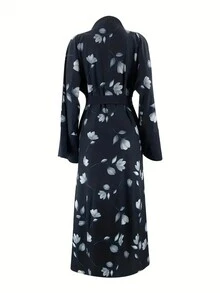Women's Long Sleeve Front Tie Floral Print Maxi Arab Style Abaya, Modest Robe - Blue - View 2