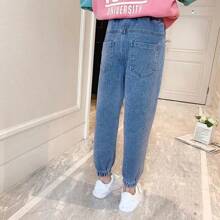 Girls' Heart Pattern Light-Wash Denim Joggers - Loose Elastic Waist Casual Pants - 深色水洗藍 - 查看 5