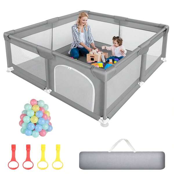 Baby Playpen, Children's Fence With Anti-Collision Foam Barrier With Breathable Mesh, Children's Playground, Including 50 Ocean Balls And 4 Pull Rings