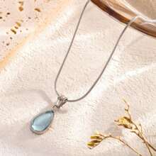 French Light Luxury Transparent Green Water Drop Blue Ocean Titanium Steel Necklace Retro Mermaid Tears - 銀色 - 查看 4