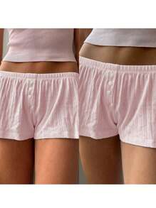 Women Summer Eyelets Shorts Casual Elastic Waist Short Pants For Vacation Beach Nightclub Streetwear - 粉色 - 查看 2