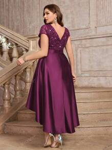 Plus V-Neck Lace Sequin Insert Contrast Satin High Low A-Line Hem Evening Party Formal Dress