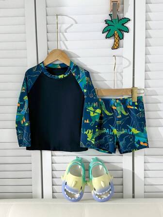 2st/set Ung pojke tryckt långärmad baddräkt och badbyxor