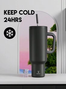 50盎司带手柄玻璃杯，带盖和吸管玻璃杯，保温杯，真空保温水瓶，不锈钢保温旅行杯，100％防漏，保冷24小时或保温12小时 - 黑色 - 查看 3