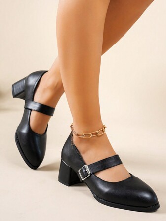 Plus Size Women High Heel Shoes, Fashion Versatile Chunky Heel Pointed Toe High Heels, Solid Color Ladies Pumps