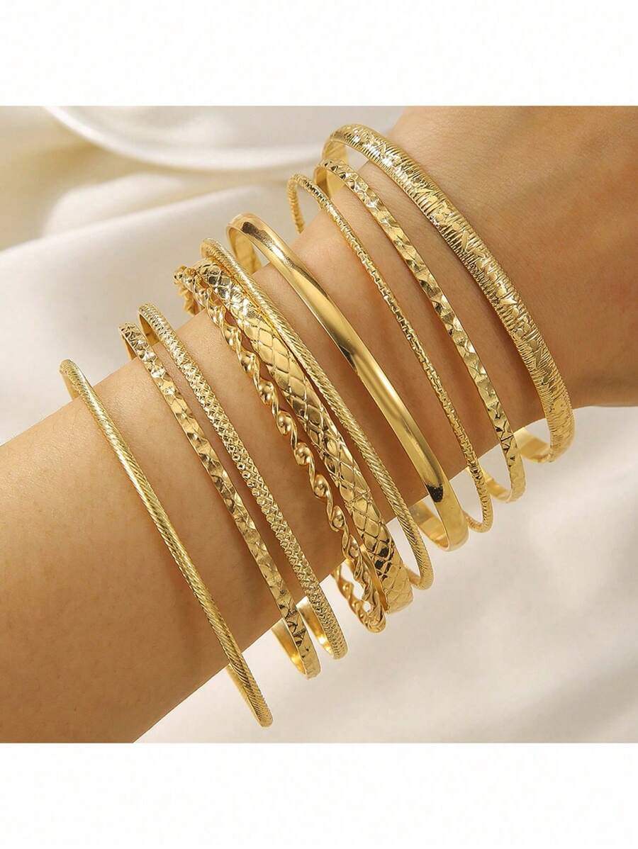 10pcs Gold Tone Bangle Set, Boho Vintage Style Accessories, Performance Jewelry - Gold - View 1