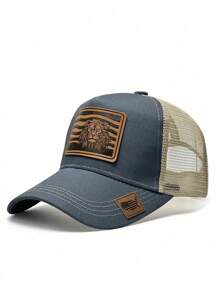 1pc Prairie Series, Retro Leather Label Lion Pattern, Showing Strength And Majesty, Fashionable Outdoor Baseball Mesh Cap