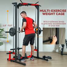 Soozier Jaula de Potencia Smith Machine, Estante multiusos con barra para dominadas, sistema de polea para dominadas, bastidor para sentadillas, barra para mancuerna, landmine, postes de almacenamiento de placas, para gimnasio en casa - Negro - Ver 6