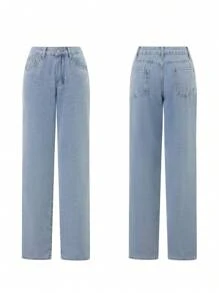 Low Rise Y2k Straight Leg Jeans For Women Spring Fall Summer High Waisted Baggy Jeans Loose Casual Long Denim Pants With Pockets Vintage Boyfriend Loose Fit Jeans Streetwear Wide Leg Trousers - 淺藍色 - 查看 3