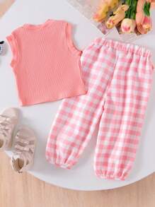 Set 2 buc. maiou casual lejer drăguț + pantaloni în carouri pentru bebeluși, vară ușoară - Roz - Vizualizare 2