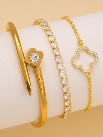 3 件套时尚奢华欧洲四叶草锆石镶嵌女士手链套装，适合多种场合和送给朋友的礼物