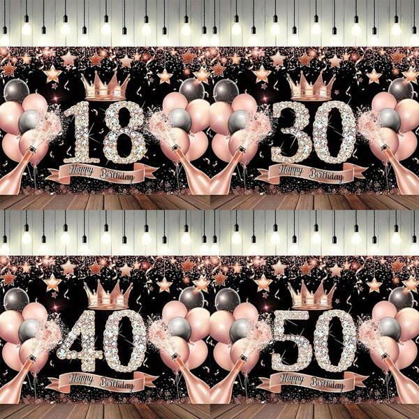 Czarno-różowe tło urodzinowe na 18, 30, 40, 50 urodziny kobiet, baner na tło fotograficzne, dekoracja ścienna, artykuły imprezowe