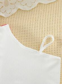 Young Girl Asymmetrical Shoulder Floral Top + Butterfly Floral Print Shorts 2-Piece Summer Set