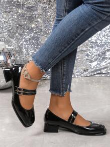 Women's Fashion Buckle Comfortable Glossy Chunky Heel High Heels, Black Patent Leather Mary Janes Shoes With School Style, Suitable For All Seasons
